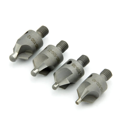 Four Piece 100 Degree Countersink Bit Set For Aluminum And Soft Metals With 1/2 Inch Cutter Diameter And 1/4-28 Thread Includes Bit Sizes 12 21 30 40 Three Fluted High Speed Steel Sweet For Chamfering Holes And Clean Flush Finishes.