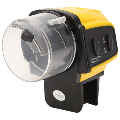 Keep Your Finned Friends Chowing Down Without The Sweat Using This Digital Automatic Fish Food Feeder With A Smart Timer Dispenser, side view.