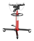 Heavy Duty 1100 Lbs Hydraulic Transmission Jack With 2 Stage Telescoping Arm And Massive Load Support For Smooth Engine Swaps On Any Car Or Light Truck In Your Home Garage Shop Today! red jack with chain supports and wheels