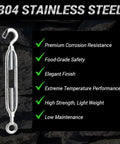 3 Pack M10 Hook And Eye Turnbuckles Made From Top Shelf 304 Stainless Steel Cable Tensioner with corrosion-resistant finish.