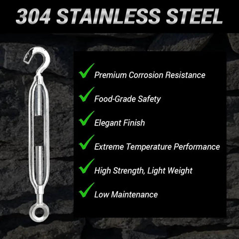 3 Pack M10 Hook And Eye Turnbuckles Made From Top Shelf 304 Stainless Steel Cable Tensioner with corrosion-resistant finish.