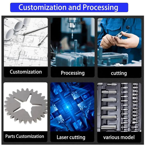 Customization and Processing for Rock Solid Pro Grade 304 Stainless Steel Sheets, showcasing cutting and parts customization.