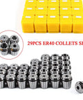 Super Duper 29Pcs ER40 Industrial Precision Spring Collet Set For CNC Milling Lathe Tool displayed with storage boxes.