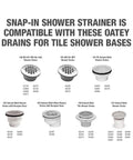 Rock Solid Universal Shower Drain Strainer In Durable White Plastic Snap Tite Cover Fits Standard Two Or Three Inch Drains No Sweat Installation For Any Residential Room compatibility chart for Oatey shower drains.