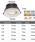 12 Pack IP65 Waterproof LED Downlights With Slick Recessed Baffle Trim Sweet Eyeball Adjustability showing dimensions and color temperatures.