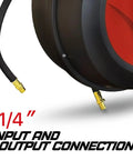 Retractable Air Hose Reel With Three Eighths Inch By Fifty Foot Pro Grade Hybrid Polymer Hose Up To 300 PSI Heavy Duty Polypropylene Construction For Professional Workshops And Garages showing 1/4 inch connections