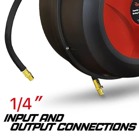 Retractable Air Hose Reel With Three Eighths Inch By Fifty Foot Pro Grade Hybrid Polymer Hose Up To 300 PSI Heavy Duty Polypropylene Construction For Professional Workshops And Garages showing 1/4 inch connections