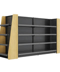 Heavy Duty Double Sided Garage Shelving 4 Tier Adjustable Metal Storage Rack in black with wooden sides for efficient organization.