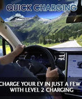 Driver using J1772 To Tesla Adapter Level 1 Level 2 EV Charger while on a scenic road trip with electric vehicle dashboard.