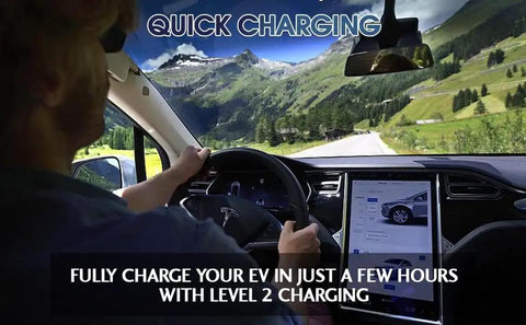 Driver using J1772 To Tesla Adapter Level 1 Level 2 EV Charger while on a scenic road trip with electric vehicle dashboard.