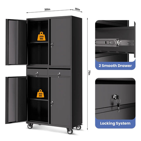Heavy Duty 73 Inch Metal Storage Cabinet With Locking Doors And Adjustable Shelves For Garage Or Shop Built To Last Rugged Tool Cabinet With Two Drawers And Rust And Scratch Resistant Powder Coat Finish, front view