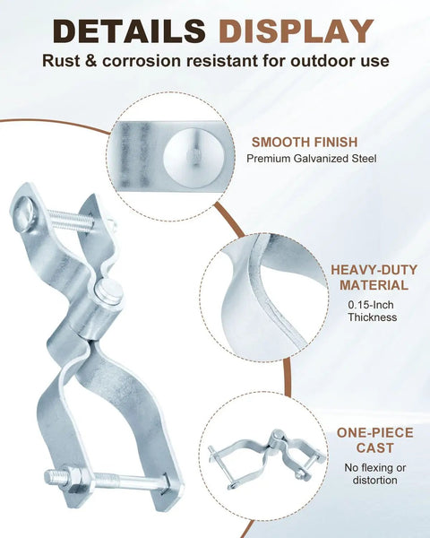 Four Piece Chain Link Fence Gate Hinge Kit With Galvanized Steel Male Post And Female Frame Hinges Fits 2 3/8 Inch OD Male Pipe And 1 3/8 Inch OD Female 5/8 Inch Pin Heavy Duty Easy Install. Galvanized steel gate hinge close-up