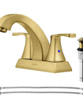 Brushed Gold Two-Handle Bathroom Faucet With Metal Pop-Up Drain And Supply Lines, 4-Inch Centerset, 3-Hole Install