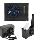 Compact 12V Car And Home Mini Air Cooler With Evaporative Water Cooling and Two Speed Switches, showing black housing and mist pad.