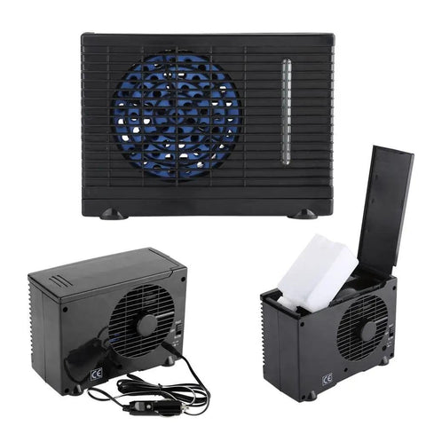 Compact 12V Car And Home Mini Air Cooler With Evaporative Water Cooling and Two Speed Switches, showing black housing and mist pad.