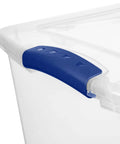 Heavy Duty SixtySix Quart Clear Plastic Storage Bins Two Pack With Blue Latch Lids close-up of blue latch on bin