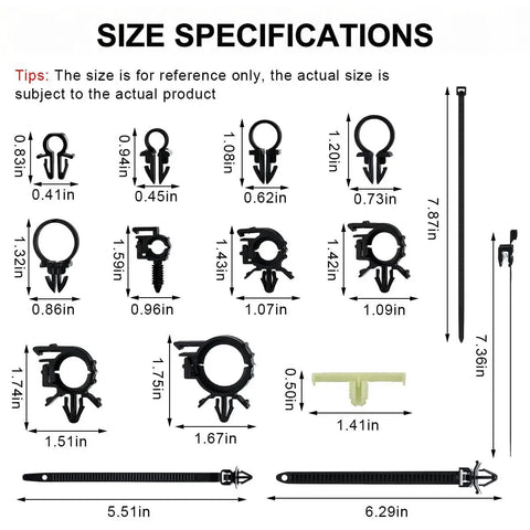 Size specifications of 200-Piece Car Wire Loom Routing Clip Kit With 15 Size Assortment shown with dimensions