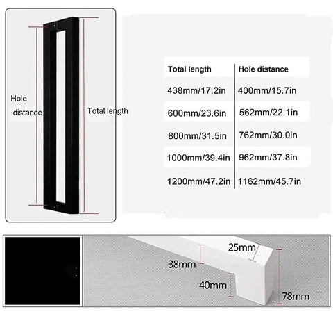 Heavy Duty Commercial Grade Push Pull Door Handle Rock Solid Matte Black Finish Barn Door Pull Glass Hardware dimensions guide with sizes.
