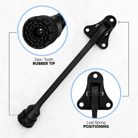 Heavy Duty Kickdown Door Stopper With Extended Reach Design feature close-up of saw-tooth rubber tip and leaf spring positioning.