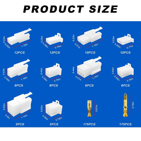 Product size chart for Electrical Wire Connectors Kit With 432 Pieces For Motorcycle Car Boat 2.8mm And 2, 3, 4, 6, 9 Pin Male