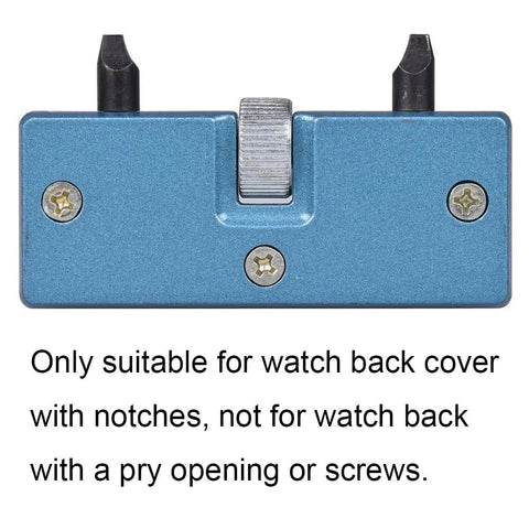 All In One Watch Back Remover Tool With Adjustable Jaw Range 11 To 54 Mm, Close-up of stainless steel case opener with notched compatibility.