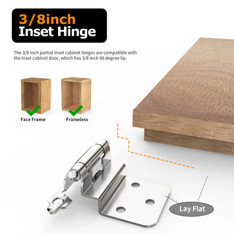 Chibery 3/8 inch inset cabinet hinge, brushed nickel, 50-pack self-closing flush-face mount with bumper