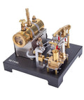 Full Metal Steam Engine Model Kit With Horizontal Boiler on black base, brass and metal components visible in detail.