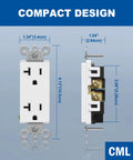 20 Pack Decorator Wall Receptacles 20A 125V Standard Electrical Outlet dimensions, white polycarbonate, front and side view