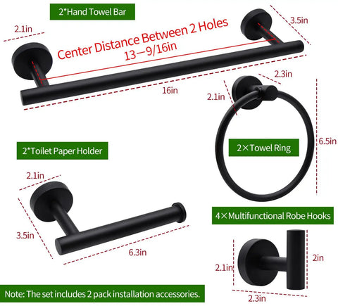 Ten Piece Bathroom Hardware Kit With 16 Inch Towel Bars, Toilet Paper Holders, Towel Rings, And Robe Hooks in black matte finish