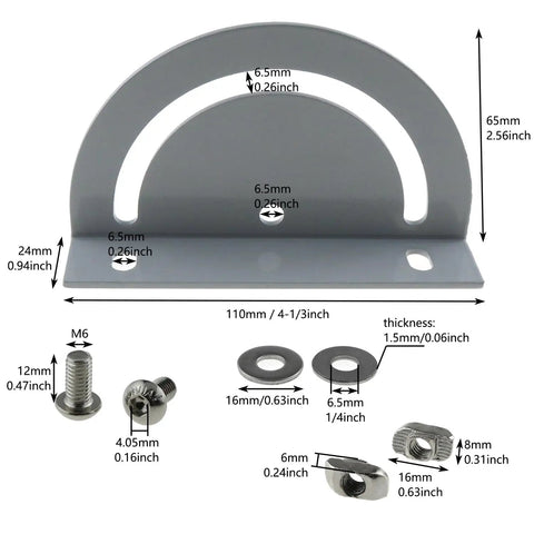 180 Degree Cross Joint Plate For 3030 Aluminum Extrusion Kit with Corner Bracket and Screws, shown with measurements and components.