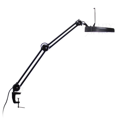 Side view of an Illuminated Workstation Magnifier With Swing Arm Pro Grade 5 Inch Optical Grade Aspheric Glass Lens 90 LED Lighting.