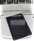 Three In One ID Card Hole Punch Tool For Name Badges With Round Hole Slot Hole And Corner Punches Plus An Adjustable Centering Guide shown