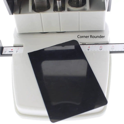 Three In One ID Card Hole Punch Tool For Name Badges With Round Hole Slot Hole And Corner Punches Plus An Adjustable Centering Guide shown