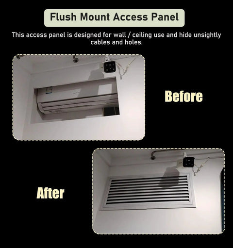 Slick Removable Aluminum Access Panel For Ceiling And Wall, 38X38 Inch Square Inspection Hatch Door shown before and after installation.