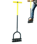 Manual Lawn Aerator Tool With T Handle And Stainless Steel Spikes For Deep Soil Loosening In Garden Lawn Flower Beds And Patios, Improves Drainage And Reduces Soil Compaction In High Traffic Areas 99x24cm displayed with user handling in garden.