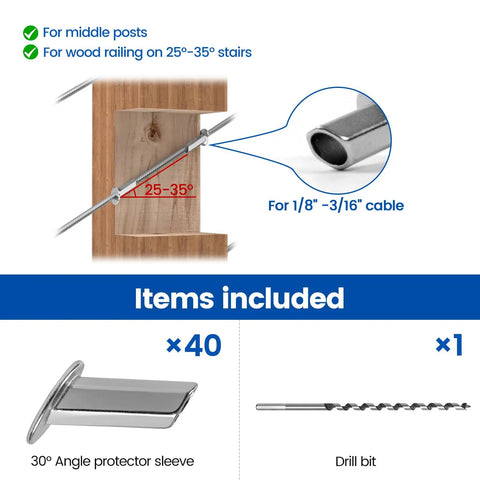 Upgraded 40 Pack 30 Degree Cable Railing Angle Sleeves For Wood Posts Fits 1/8 5/32 3/16 Inch Cables Stainless Steel Protectors Set