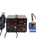 Awesome 853D Dual Display Soldering Hot Air Rework Station With Power Supply, featuring soldering iron and heat gun.