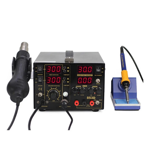 Awesome 853D Dual Display Soldering Hot Air Rework Station With Power Supply, featuring soldering iron and heat gun.
