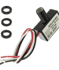 Outdoor 105V To 130V AC Photocell Light Sensor Switch with wires and rings for Dusk to Dawn auto lighting, shown in packaging.