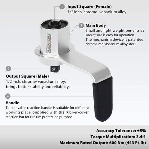 3.4 To 1 Compact Torque Multiplier For Auto Maintenance, Delivers Up To 600 Newton Meters Output, One Half Inch Drive From Male To Female Adapter, Handy Labor Saving Lug Nut Tool For Tire Changes, 443 Foot Pounds