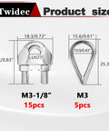 Heavy Duty 20 Piece 304 Stainless Steel Wire Rope Clip Clamp Kit With 15 Clips And 5 Thimbles One Eighth Inch size diagram