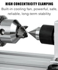 Close-up of high concentrity clamping on AOXHUGB Mini Metal Lathe Machine 1200W for precise drilling and shaping.
