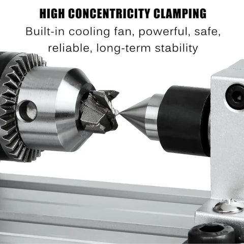 Close-up of high concentrity clamping on AOXHUGB Mini Metal Lathe Machine 1200W for precise drilling and shaping.
