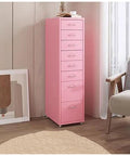 Pink mobile metal file cabinet with lock and wheels, vertical storage drawer under desk printer stand in home office corner