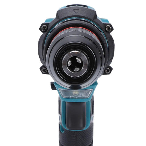 Badass Brushless Cordless Drill Kit With Heavy Duty Lithium Ion Battery Pack And Rock Solid Fifty Five Newton Meter Torque close-up of keyless chuck.