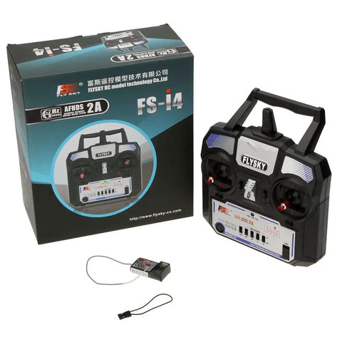 FS I4 4CH 2.4GHz RC Transmitter With FS A6 Receiver AFHDS 2A Remote Controller for RC helicopters and gliders next to packaging