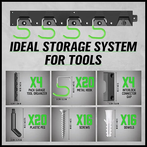 Image of Built Tough 64 Inch Adjustable Wall Mounted Storage System With Four Rails Up To 64 Inches Heavy Duty ABS Material Tool Organizer components.