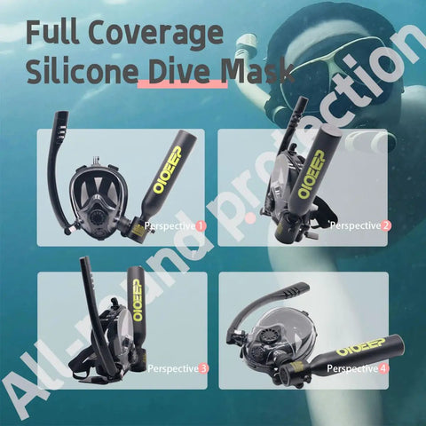 Compact Half Liter Scuba Diving Tank With Sub Mask Portable Lungs Kit featuring full coverage silicone mask in four angles