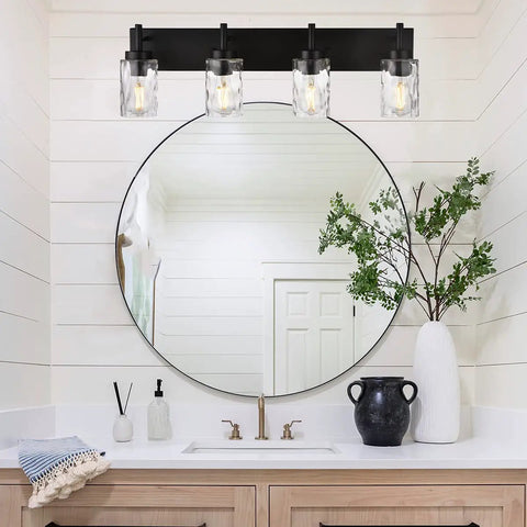 Four Light Modern Farmhouse Vanity Light With Clear Hammered Glass Shades In Black Finish over bathroom mirror and decor