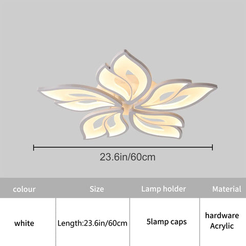 Five Leaf LED Ceiling Light With Remote Control For Living Room, 23.6-Inch Lit Flush Mount Chandelier, Acrylic White Leaves, 60W